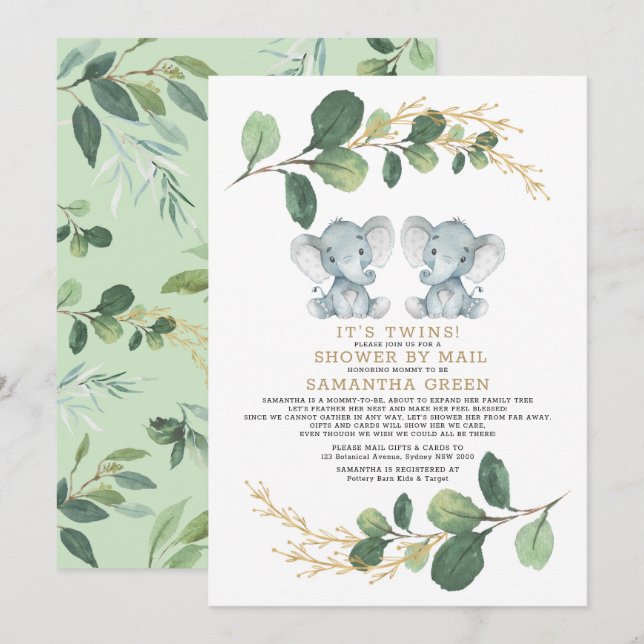 Invitation Baby shower Moderne Twin Elephant Green par mail (Devant / Derrière)