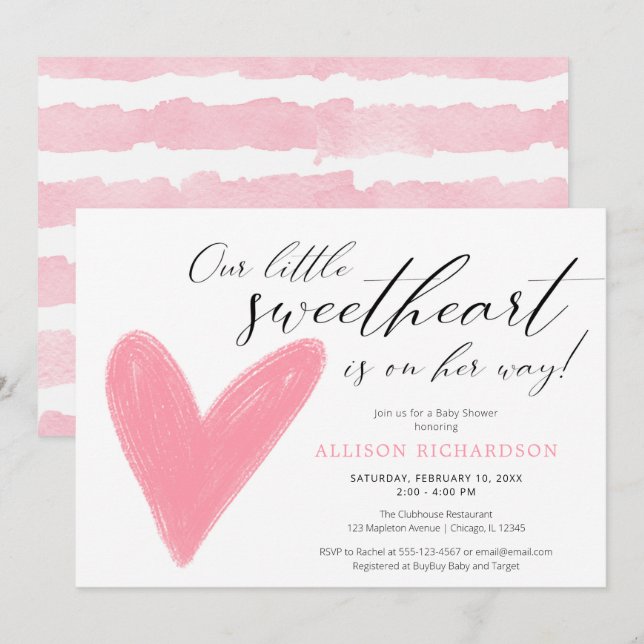Invitation Baby shower moderne Valentines rose blanc fille (Devant / Derrière)