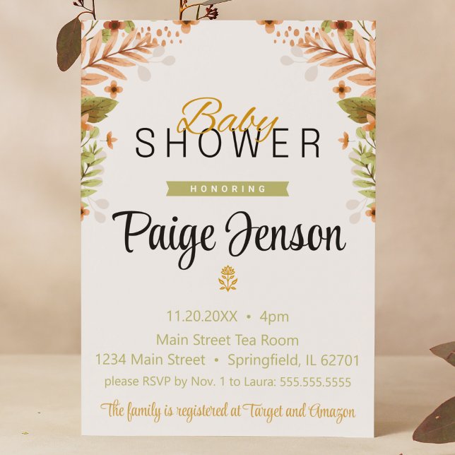 Invitation Baby shower Moderne Vert et Brown Botanique (Baby shower green brown botanicals floral woodland fall script cursive font banner cute classic )