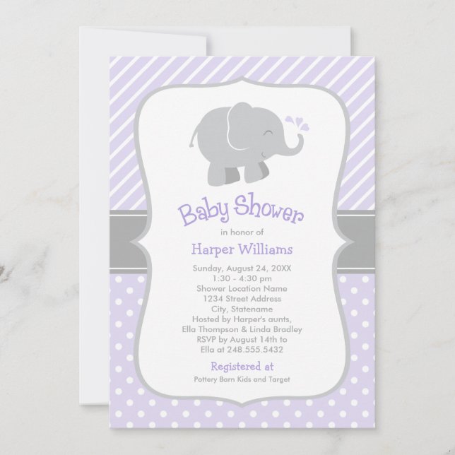 Invitation Baby shower moderne violet gris éléphant fille (Devant)