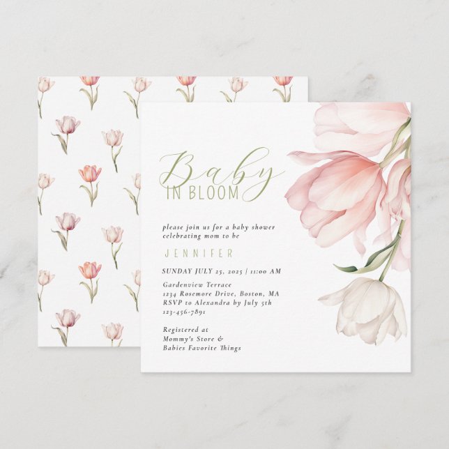 Invitation Baby shower moderne Watercolor Tulip (Devant / Derrière)