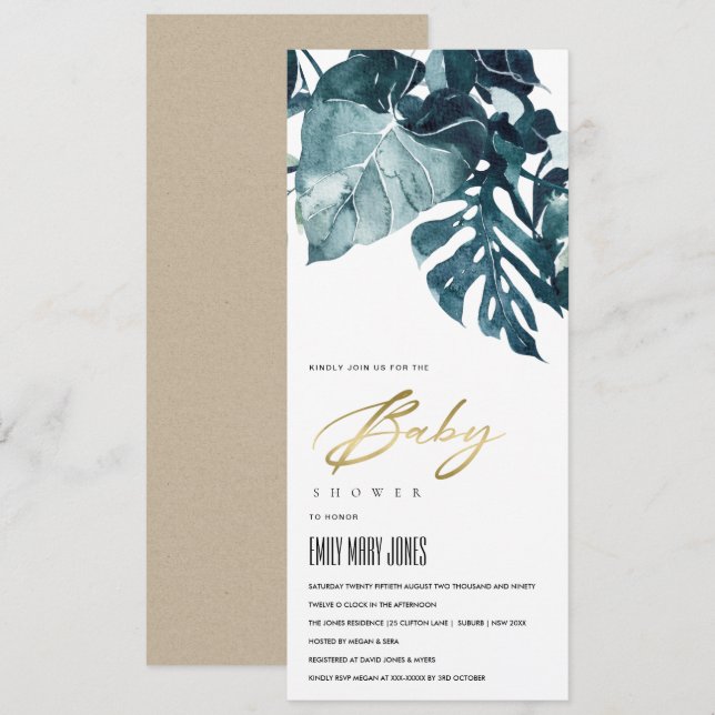 INVITATION BABY SHOWER MONSTERA TROPICAL MODERNE (Devant / Derrière)