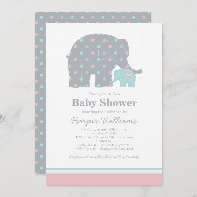 Invitation Baby shower Mother Elephant rose et points Aqua (Devant / Derrière)