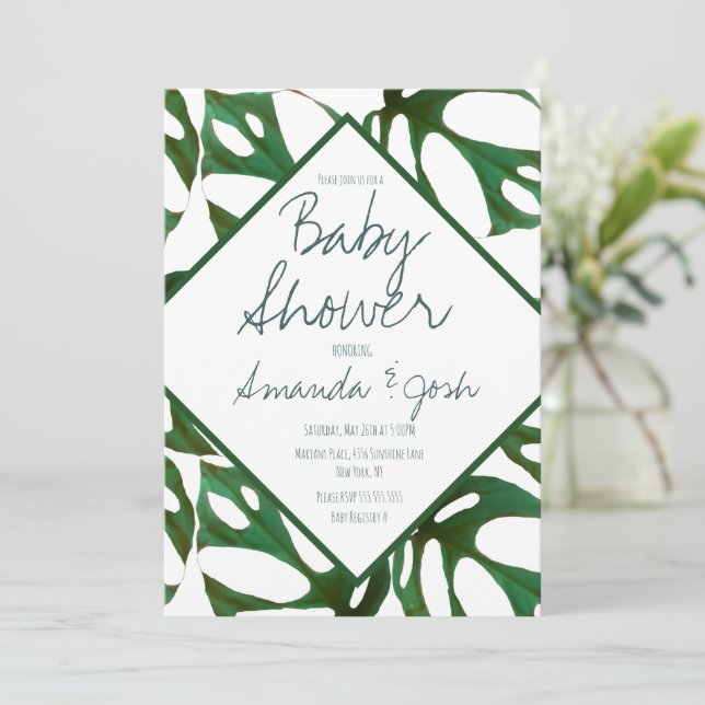 Invitation Baby shower Motif de feuille tropicale Monstera (Debout devant)