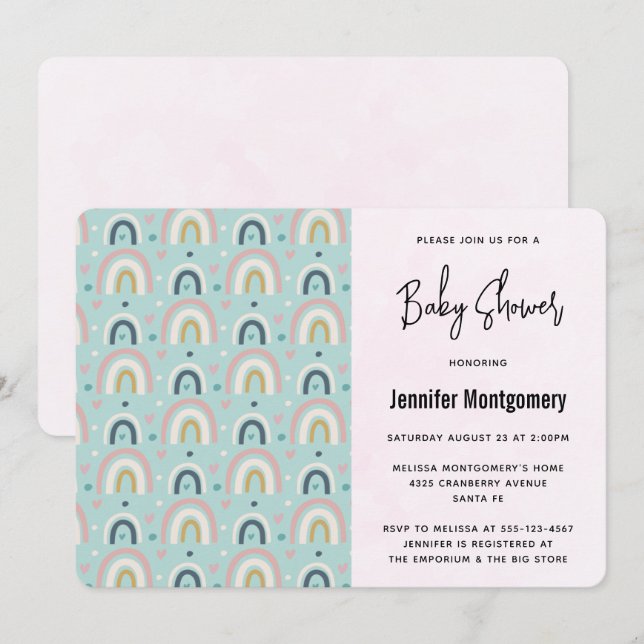Invitation Baby shower Motif en arc-en-ciel mignon Whimsical (Devant / Derrière)