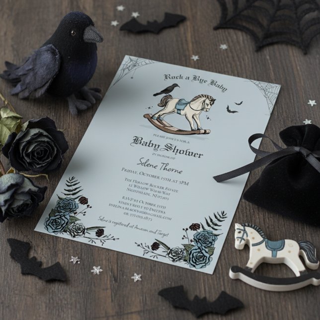 Invitation Baby shower Motif gothique Blue Rocking Horse (Gothic Baby Shower Invitations. Elegant Blue Floral Spooky Rocking Horse Illustration for Halloween )