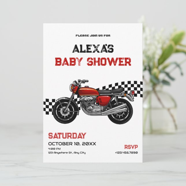 Invitation Baby shower moto classique (Debout devant)