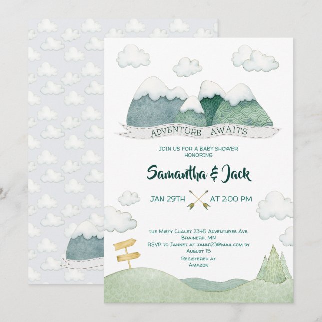 Invitation Baby shower Mountain Adventures (Devant / Derrière)