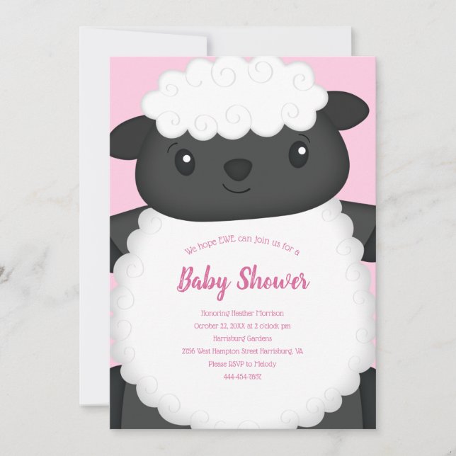Invitation Baby shower mouton rose (Devant)