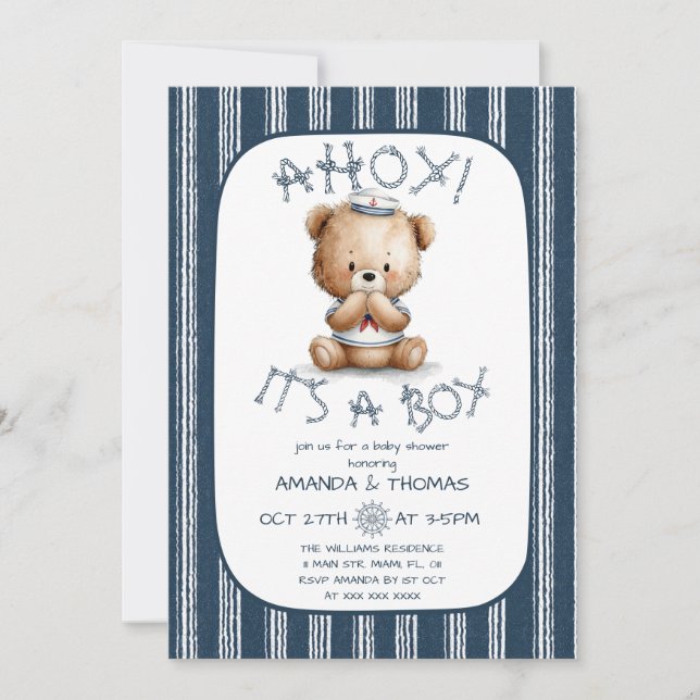 Invitation Baby shower Nautical Ahoy Bear Boy (Devant)