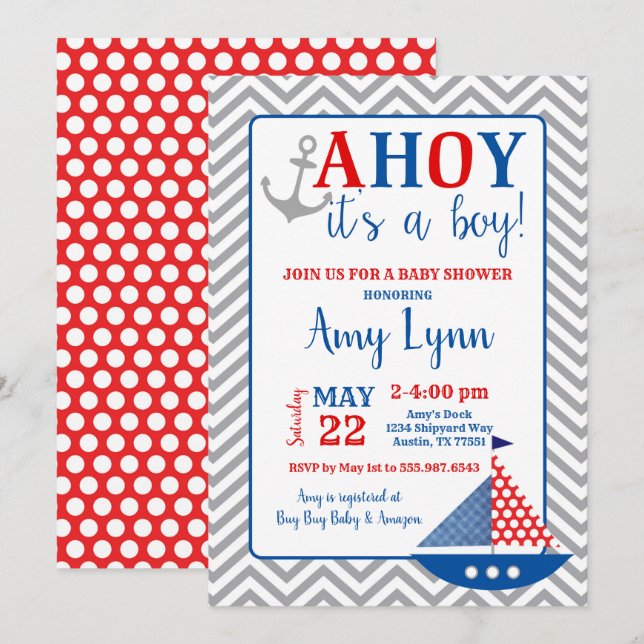 Invitation Baby shower Nautique Ahoy C'Est Un Garç (Devant / Derrière)