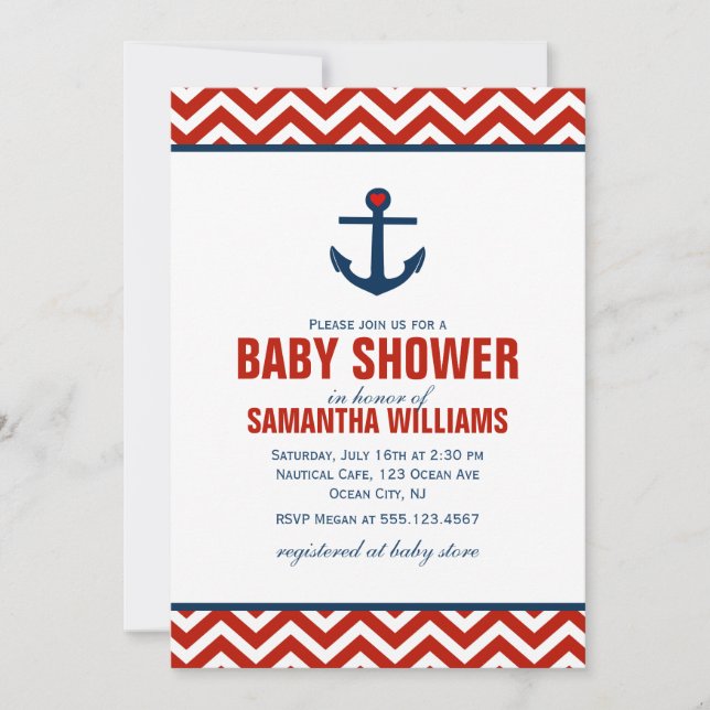 Invitation Baby shower nautique Ancre et Chevrons {red} (Devant)