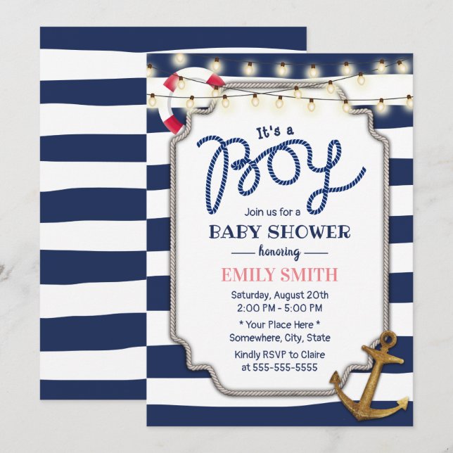 Invitation Baby shower Nautique Ancre Gold Stripes Marine (Devant / Derrière)
