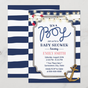 Invitation Baby shower Nautique Ancre Gold Stripes Marine