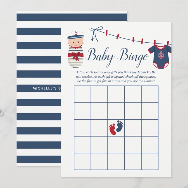Invitation Baby shower Nautique bébé Bingo (Devant / Derrière)