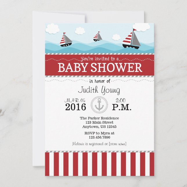 Invitation Baby shower Nautique Bleu Rouge (Devant)