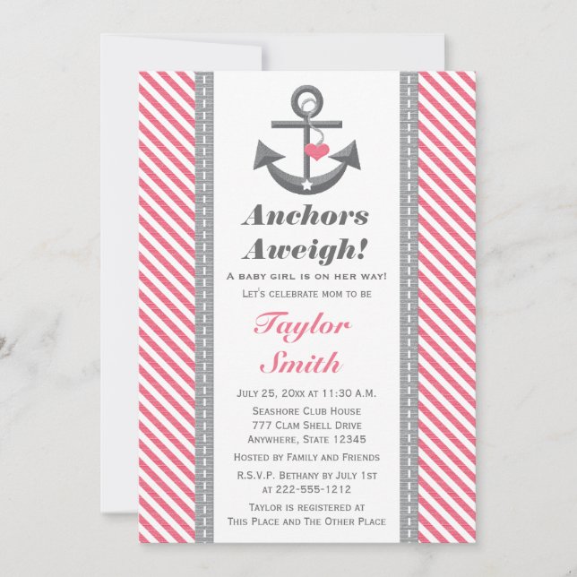 Invitation Baby shower nautique d'Ancre de gris et de rose (Devant)