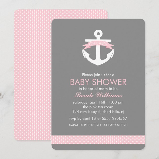 Invitation Baby shower nautique de fille d'Ancre rose (Devant / Derrière)