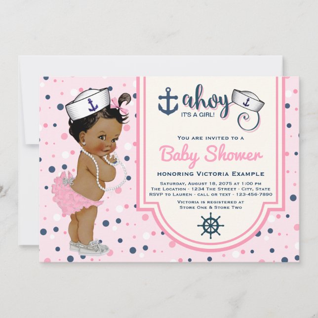 Invitation Baby shower nautique de fille ethnique bleu marine (Devant)