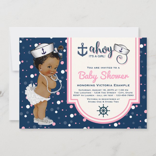 Invitation Baby shower nautique féminin afro-américain (Devant)