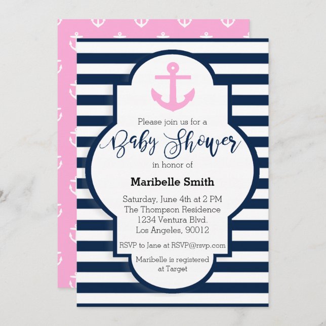 Invitation Baby shower Nautique Filles (Devant / Derrière)