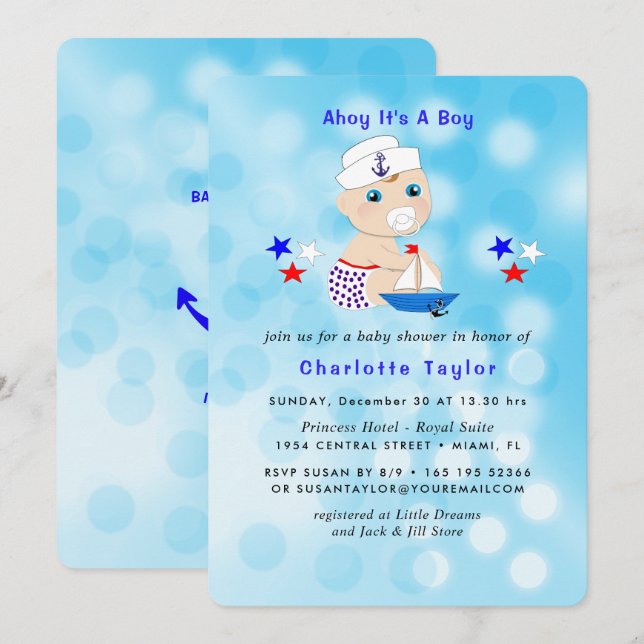 Invitation Baby shower Nautique Garçon marin Cute Blue (Devant / Derrière)