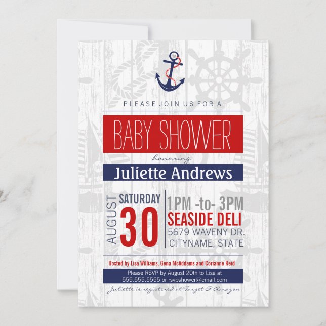 Invitation Baby shower nautique Invitation, Boy Blue Red Ahoy (Devant)