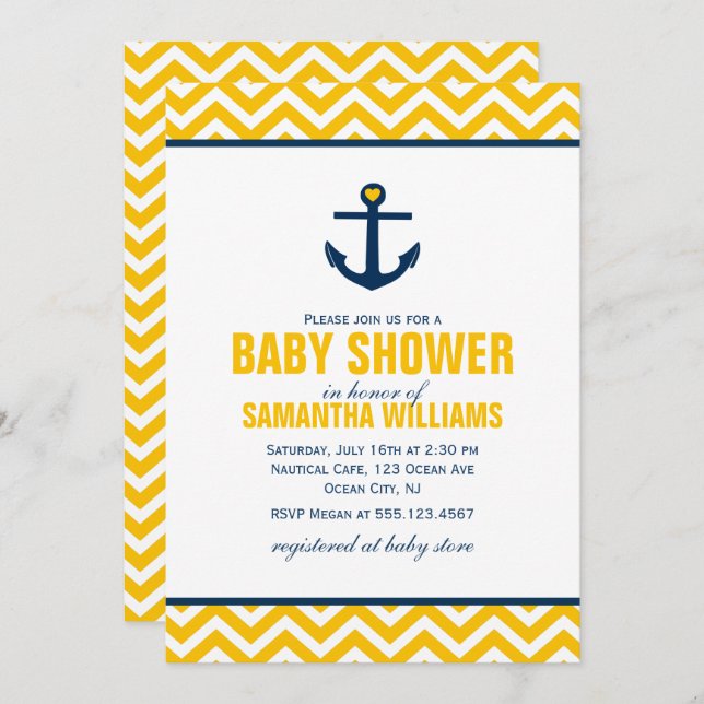 Invitation Baby shower nautique jaune (Devant / Derrière)