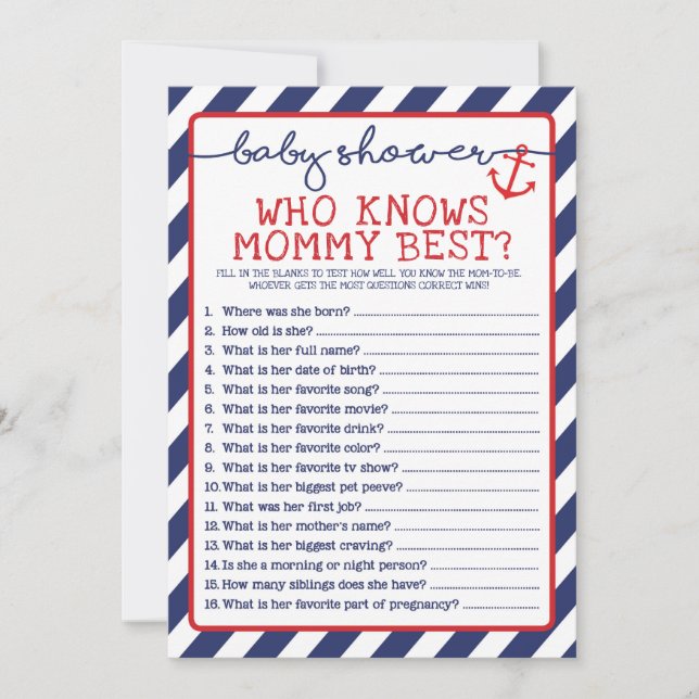 Invitation Baby shower Nautique Jeu Qui Connaît Mommy Meilleu (Devant)