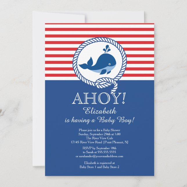 Invitation Baby shower Nautique moderne Ahoy Whale Boys (Devant)