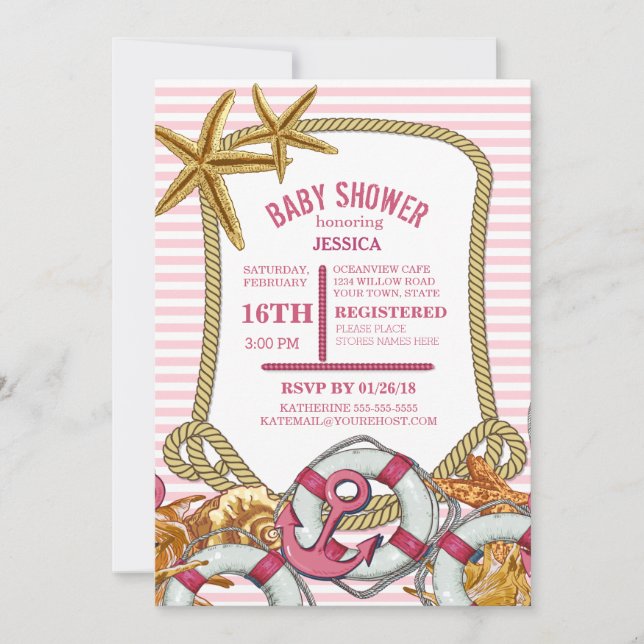 Invitation Baby shower Nautique moderne pour filles (Devant)
