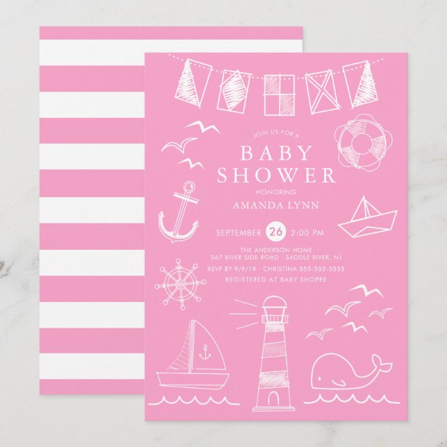 Invitation Baby shower Nautique Nautical Sailboat Girl (Devant / Derrière)