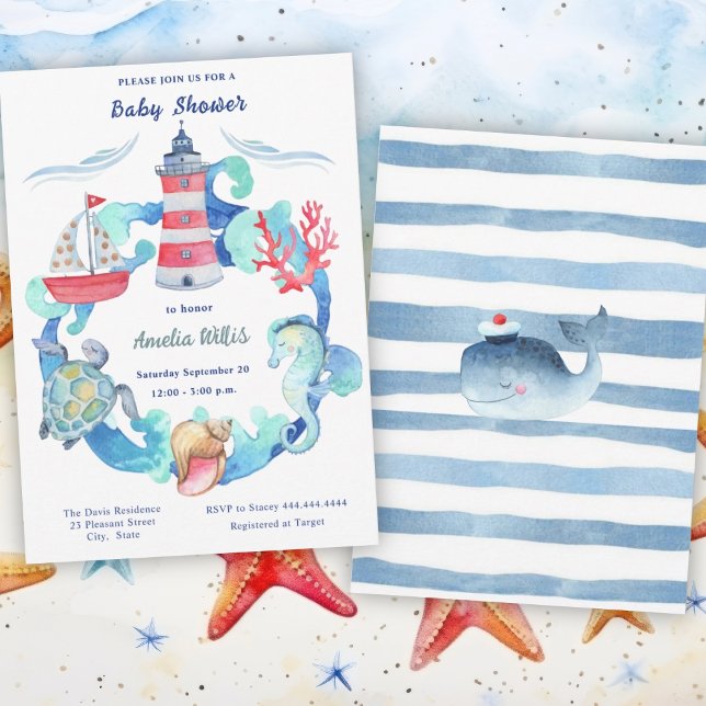 Invitation Baby shower Nautique Neutre Sexe Aquarelle (Créateur téléchargé)