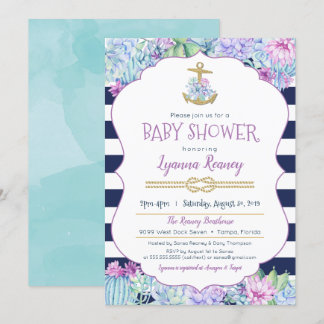 Invitation Baby shower nautique Succulents Marine Blue Lavend