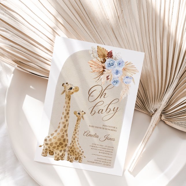 Invitation Baby shower Neutral Blue Pampas Grass Giraffe (Créateur téléchargé)