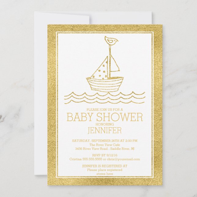 Invitation Baby shower Neutral Gold Nautical (Devant)