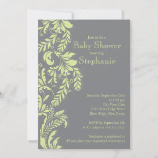 Invitation Baby shower neutre à feuilles florales gris vert m