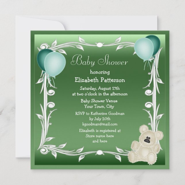 Invitation Baby shower neutre à l'ours en peluche et aux ball (Devant)