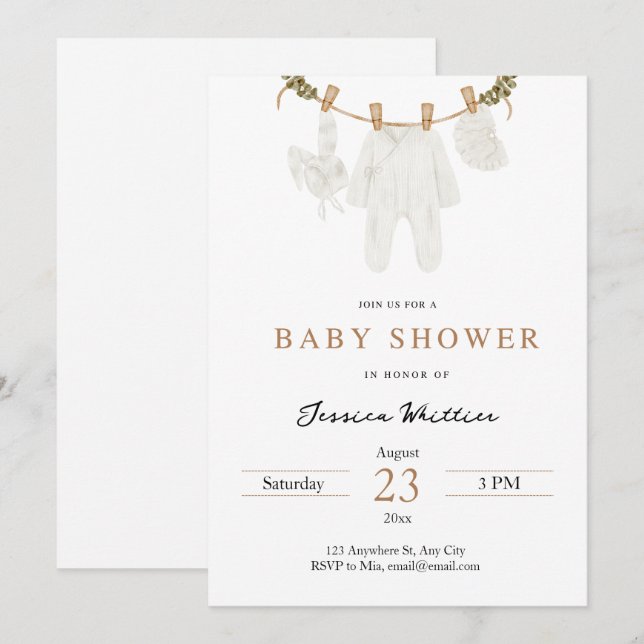 Invitation Baby shower Neutre Aquarelle Vêtements pour bébé (Devant / Derrière)