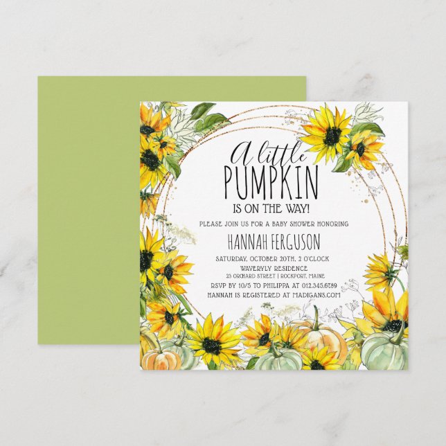 Invitation Baby shower neutre Citrouille de tournesol (Devant / Derrière)