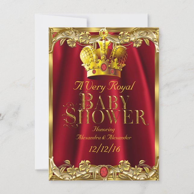 Invitation Baby shower neutre Couronne royale rouge Gem or (Devant)