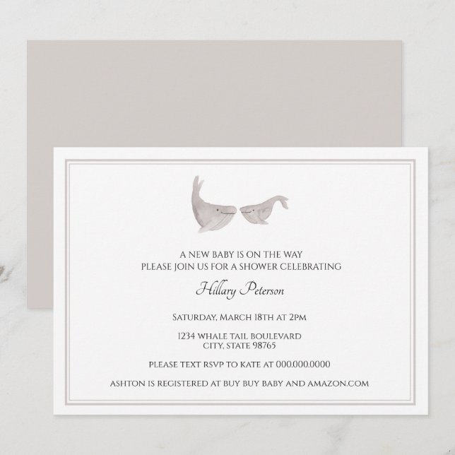 Invitation Baby shower neutre d'aquarelle de baleine de genre (Devant / Derrière)