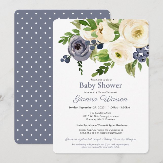 Invitation Baby shower neutre de genre bleu et crème florale (Devant / Derrière)