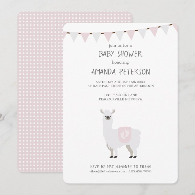 Invitation Baby shower neutre de lama de genre rose et blanc (Devant / Derrière)