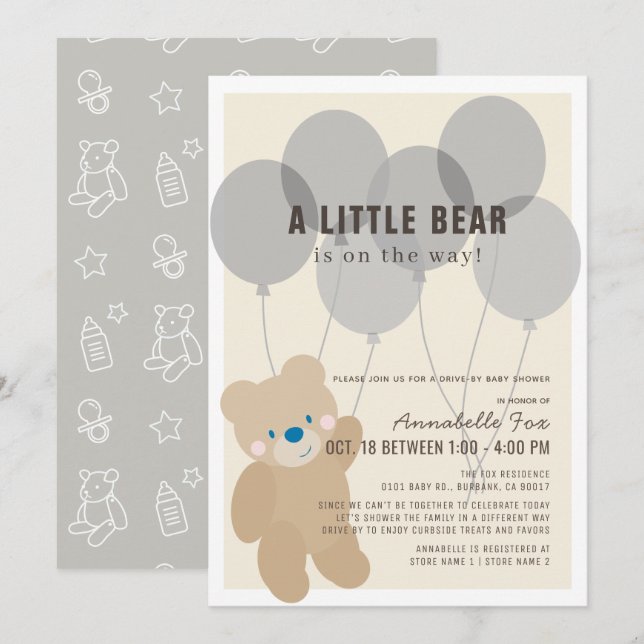 Invitation Baby shower neutre de l'ours en peluche (Devant / Derrière)