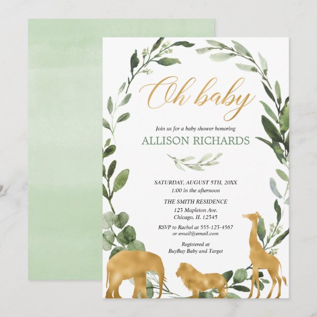 Invitation Baby shower neutre de verdure de safari de genre (Devant / Derrière)