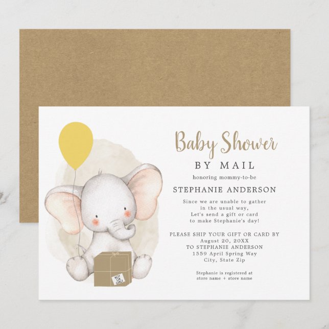 Invitation Baby shower neutre d'éléphant de genre par courrie (Devant / Derrière)