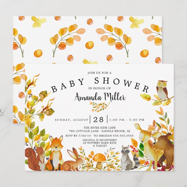 Invitation Baby shower Neutre des animaux forestiers (Devant / Derrière)