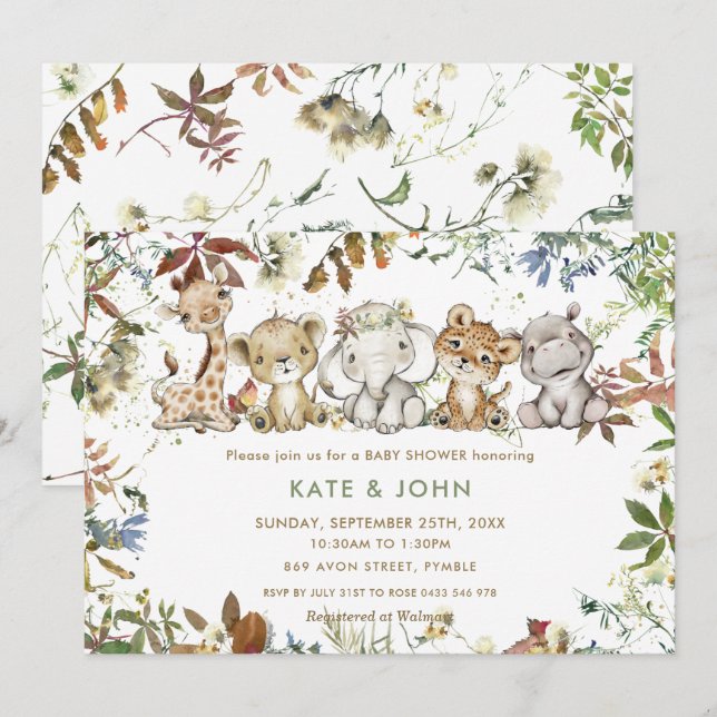 Invitation Baby shower neutre entre les sexes dans la jungle  (Devant / Derrière)