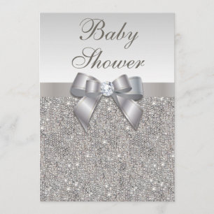 Invitation Baby shower neutre Faux Silver Sequins et Bow